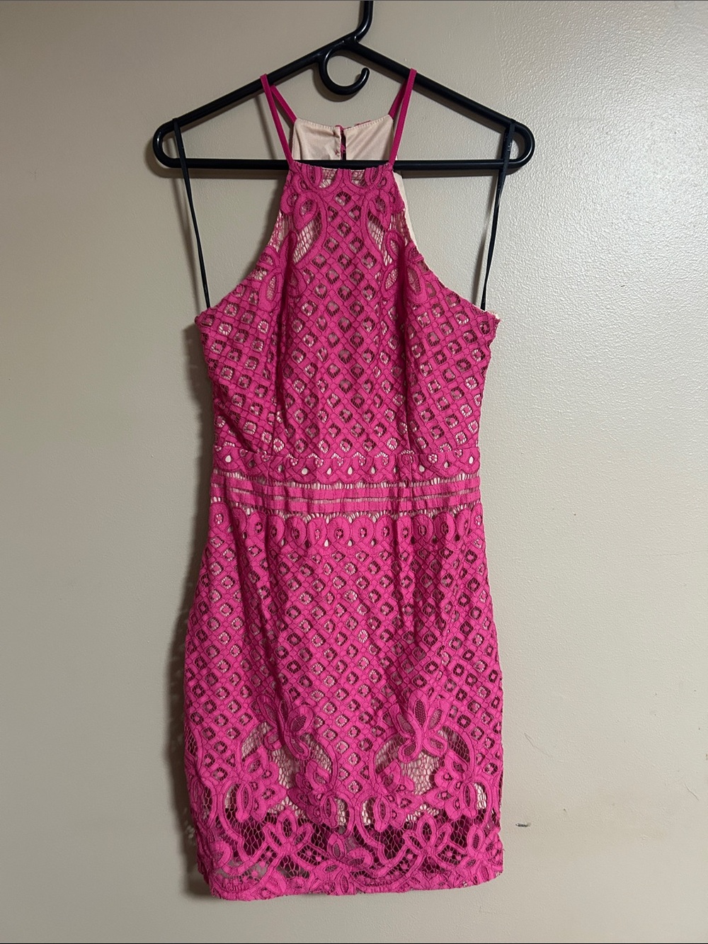 Lulu's Hot Pink Lace Halter Mini Dress
